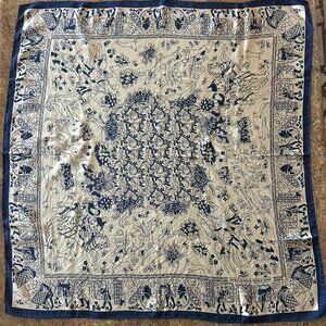 Vintage Holland & Holland Cream and Navy Silk Scarf with Hand Rolled Edges 33x33